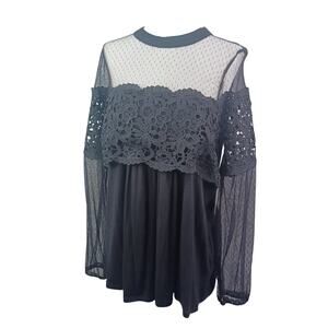 Tempted Hearts Womens Crochet Lace Sheer Mesh Top XL Black Whimsigoth Romantic